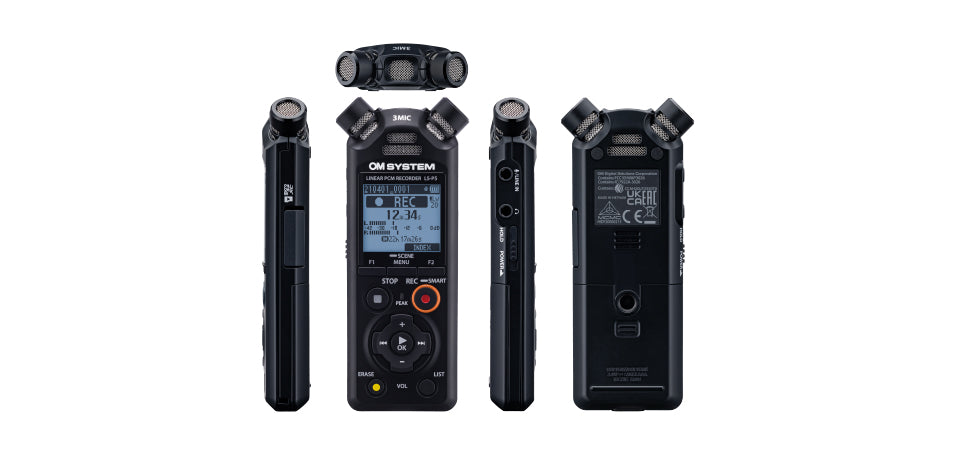 OM System LS-P5 linear PCM recorder shown from multiple angles, displaying the front, top, and back of the device with its screen and microphones visible.