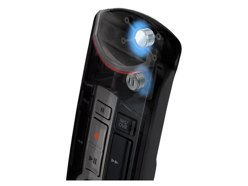 Top of OM System RM4010P with blue highlighting on microphone, on white backgournd