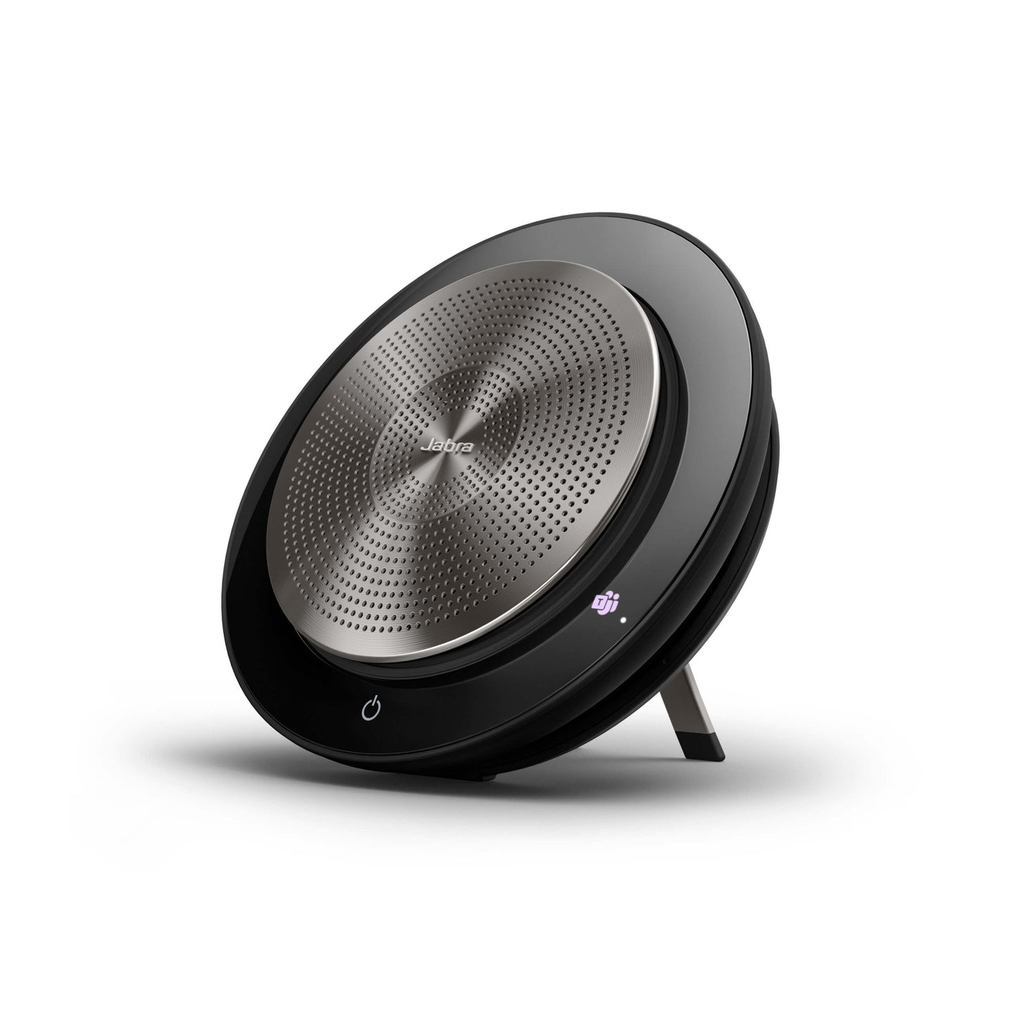 A Jabra Speak 750 speakerphone on a stand, predominantly black in color with a silver speaker grill.