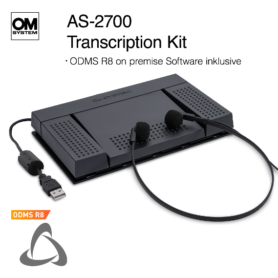 Transcription kit with pedal and headset on a white background, featuring OM System branding.