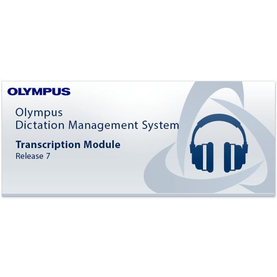 Olympus Dictation Management System Transcription Module packaging with headphones icon on a white background
