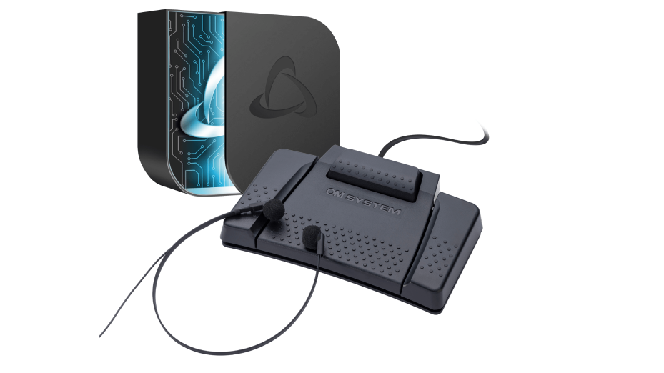 Image of OM System foot pedal, headset and ODMS Cloud, representing OM System AS-9100 transcription kit