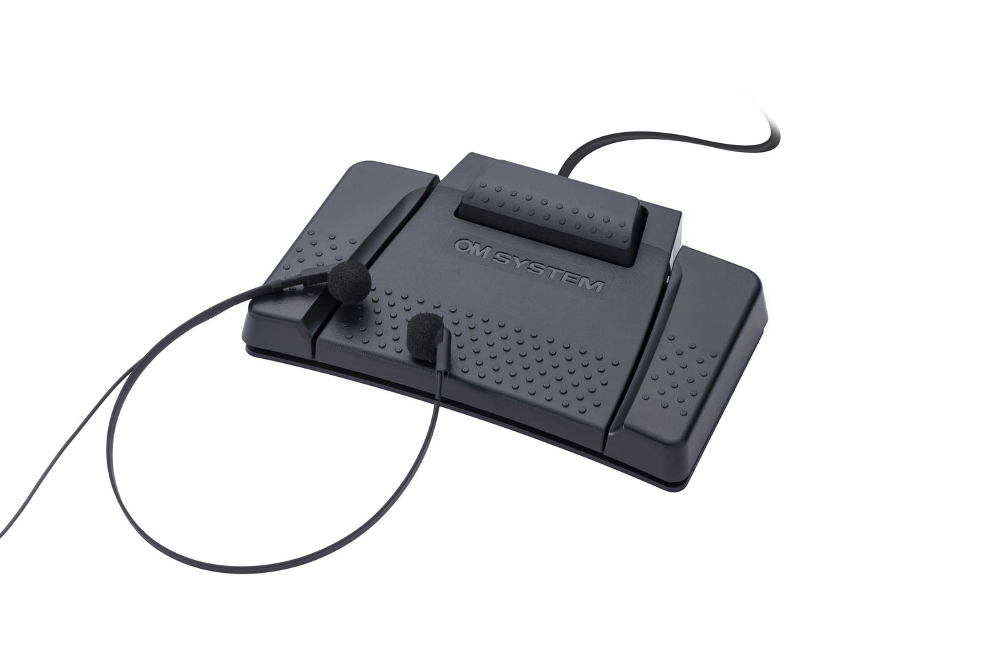 OM system RS-31N foot pedal and E103 headset on white background