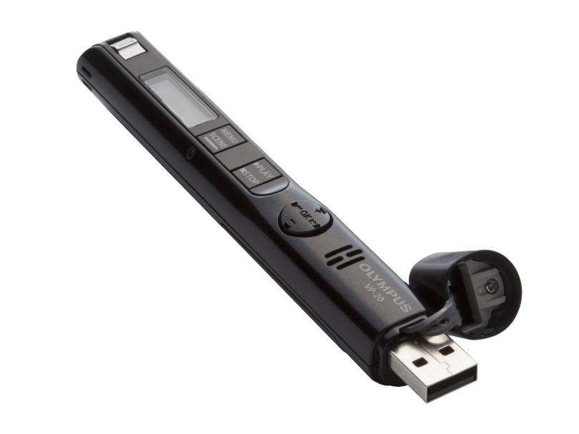 OM System VP20 digital recorder, showing pop out sub connector at bottom of device