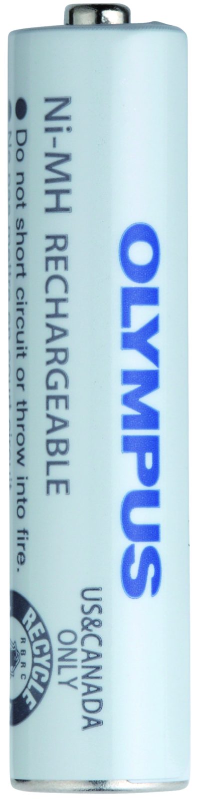 An Olympus OM System BR-404 Battery labeled as NiMH rechargeable battery, primarily blue and white in color.