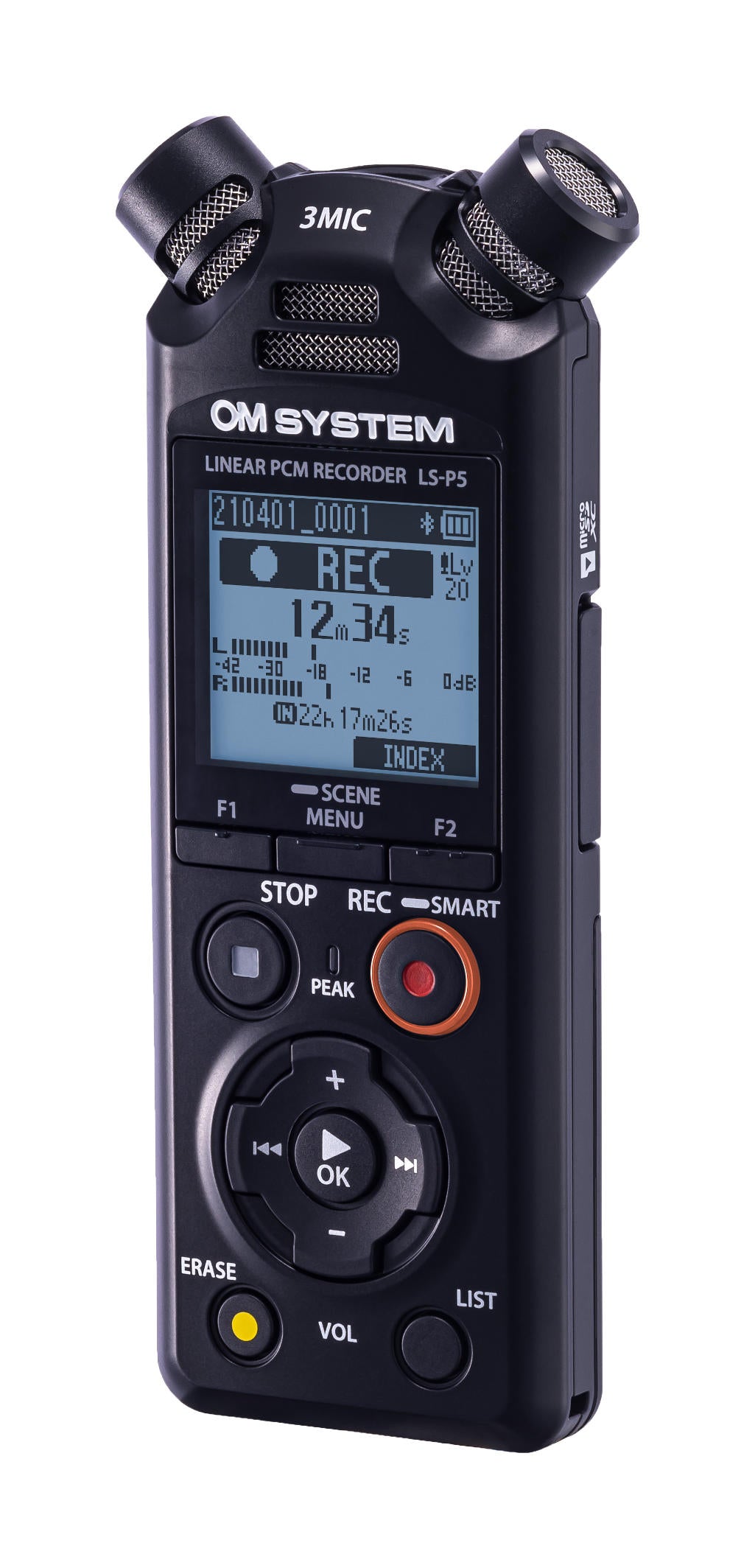 OM System LS-p5 recorder with display on and in Recording mode