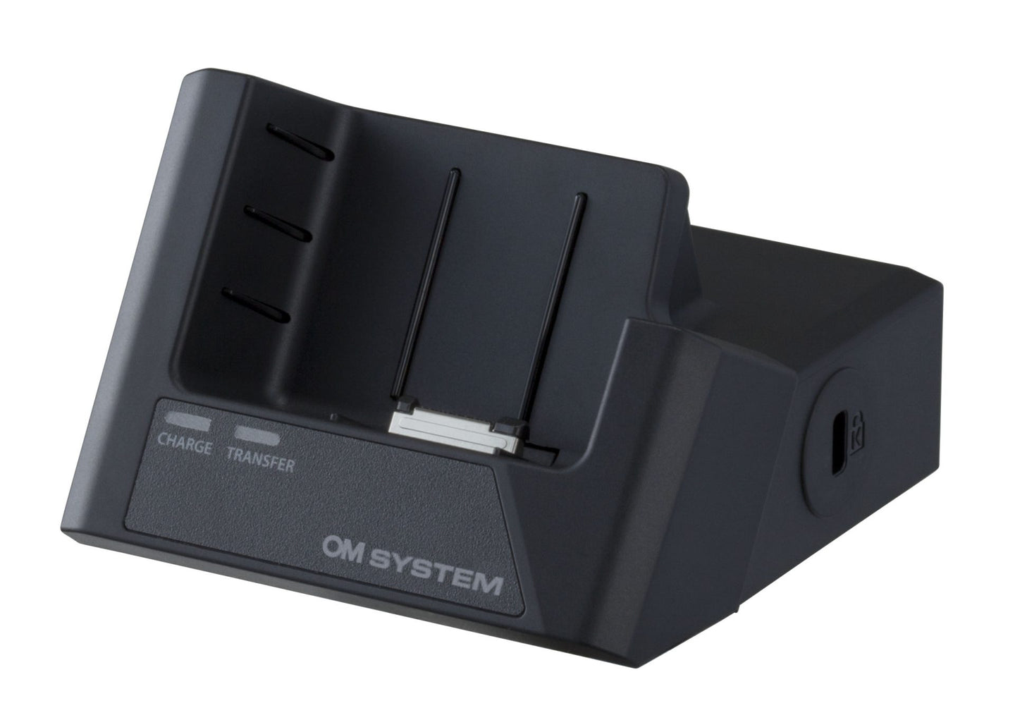 OM System CR21 Docking Station, black in color, designed for charging and connecting audio devices, specifically mentioned for use with Olympus DS-9000 series dictaphones.