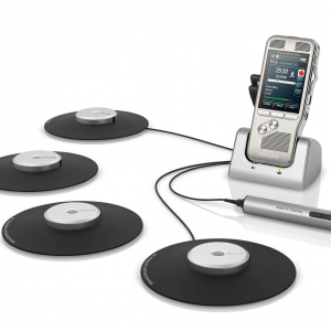 A Philips DPM8900 Conference Recorder with a digital display, connected to a series of black circular microphones - LFH 9172, designed for capturing audio in a meeting setting.