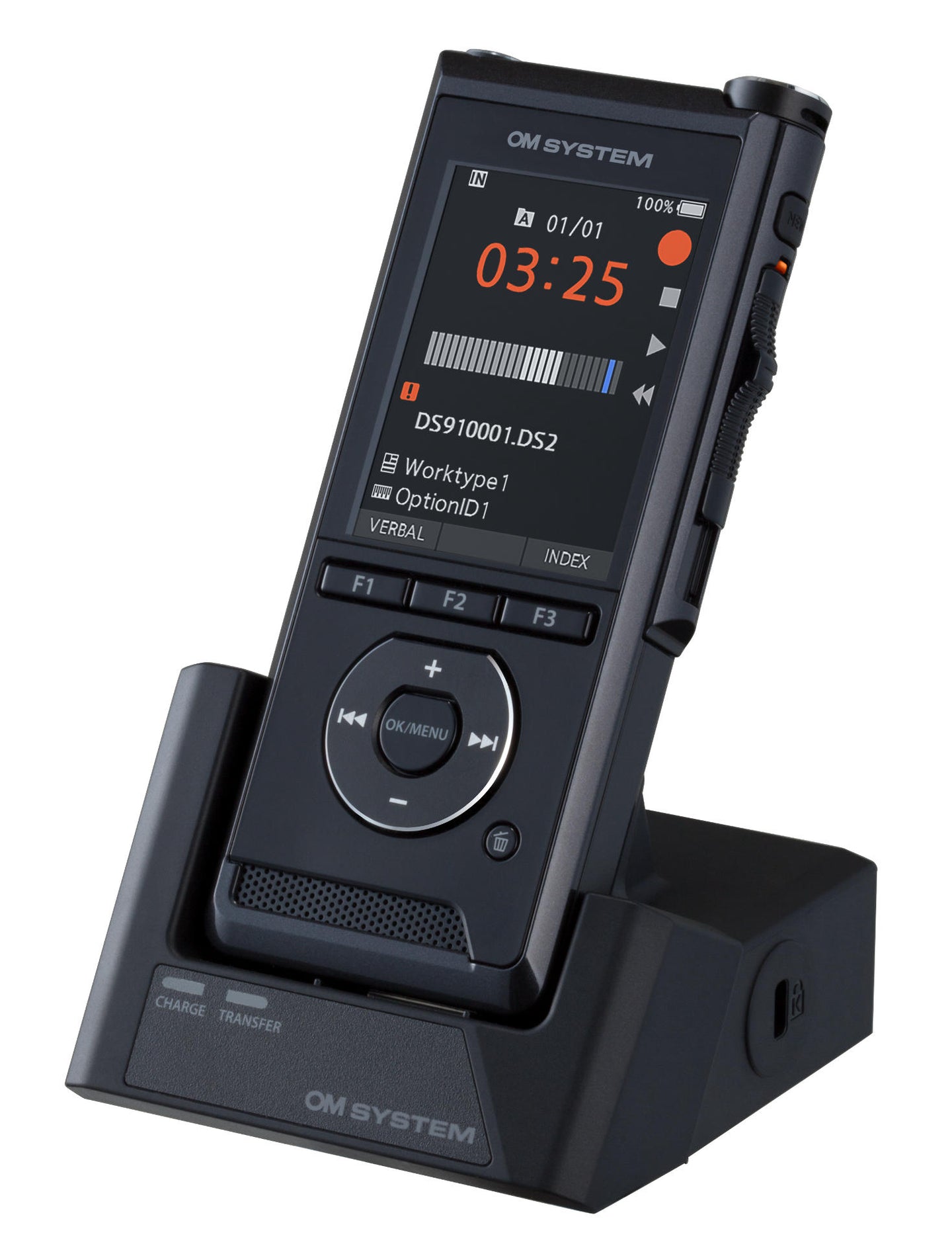 Black digital dictaphone, in docking station, with display on a white background