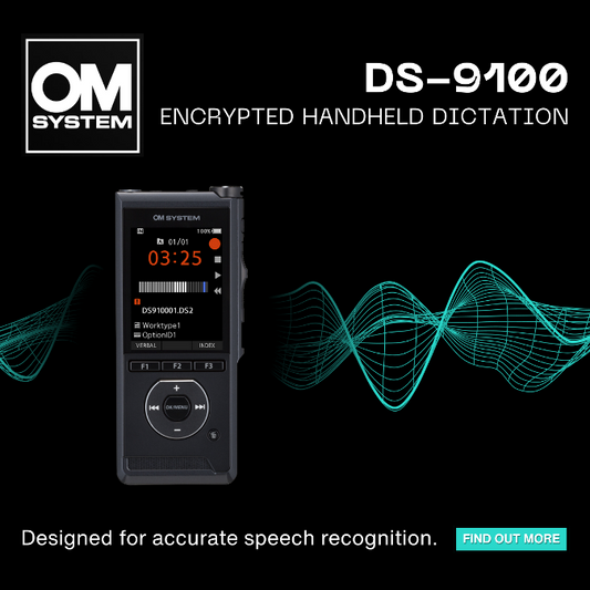 OM System DS-9100 encrypted handheld dictation device with 3D wave graphics on a black background.