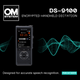OM System DS-9100 encrypted handheld dictation device with 3D wave graphics on a black background.