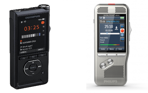 Olympus DS-9500 and Philips DPM 8000 digital dictaphones on a white background