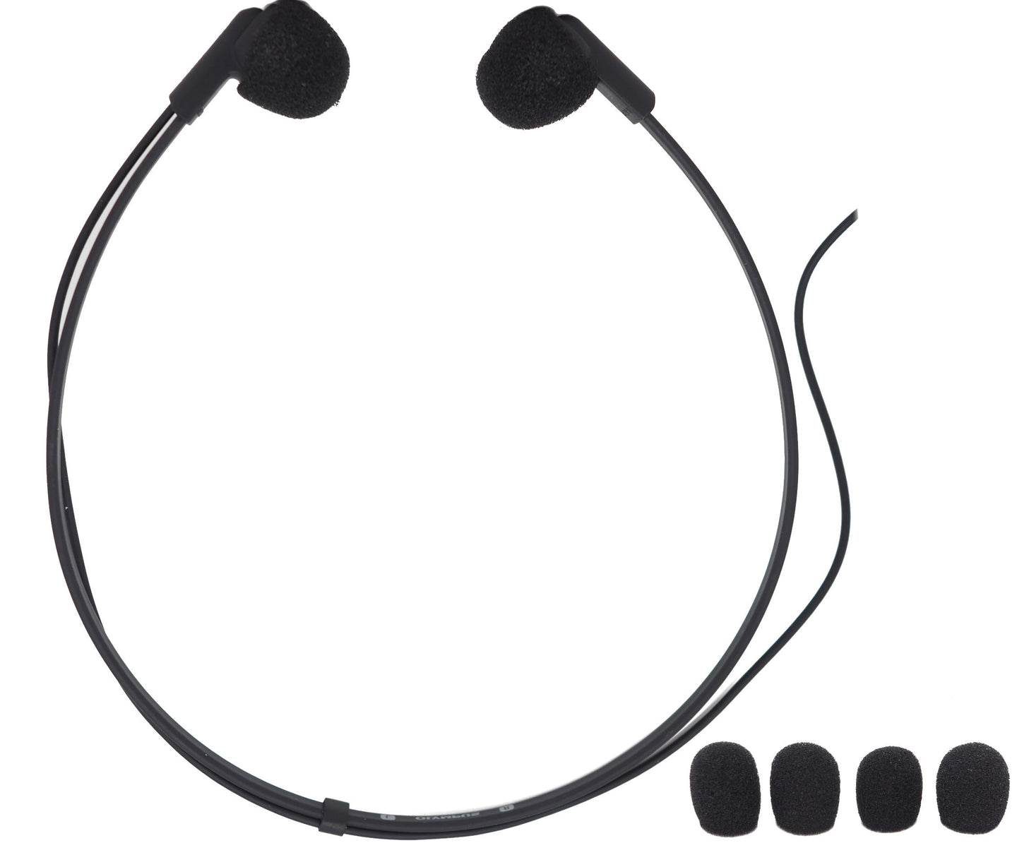 OM System E-103 transcription headset with two pairs of spare ear foams on a white background