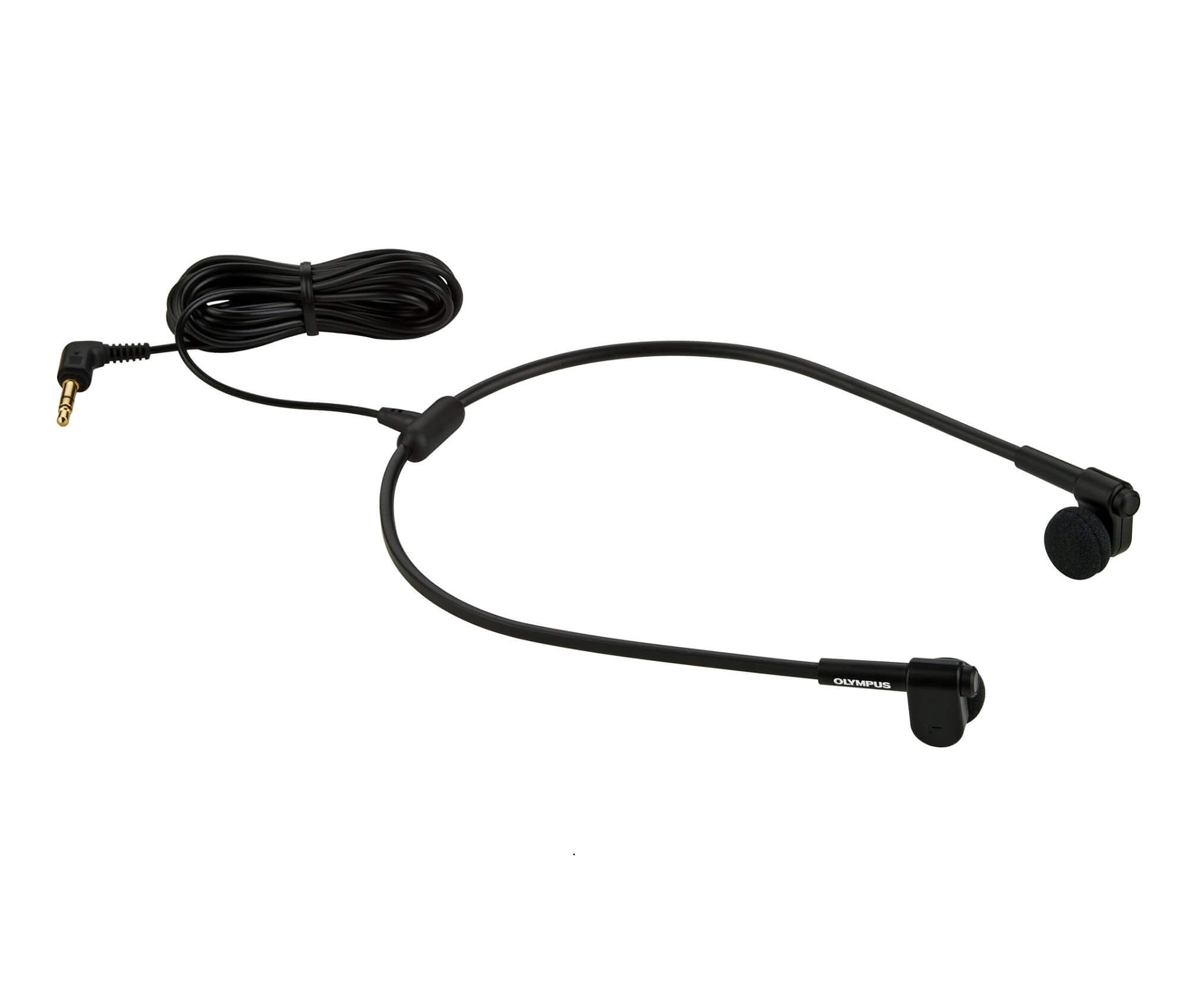 A black Olympus E62 stereo headset with an in-the-ear design and a long cable.