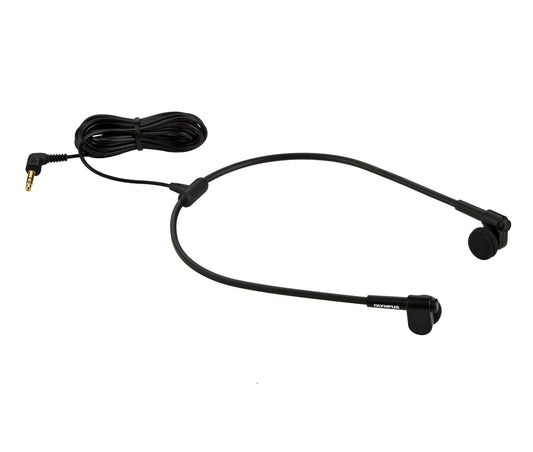A black Olympus E62 stereo headset with an in-the-ear design and a long cable.