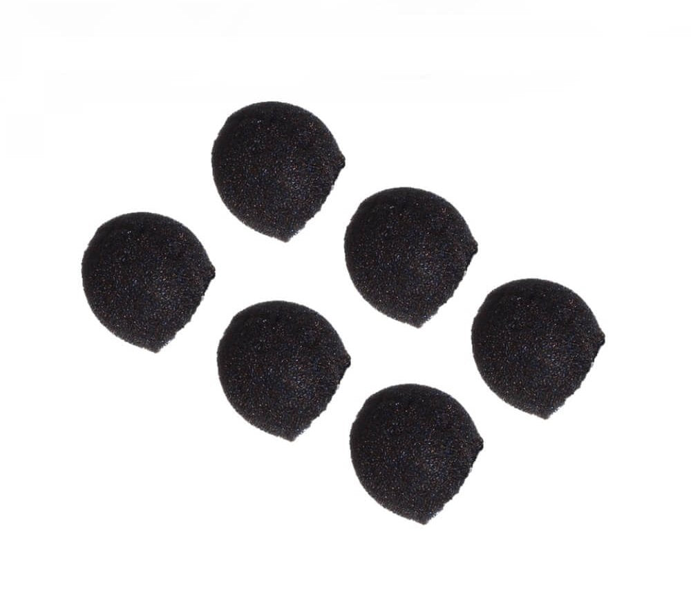 Three pairs of small black ear foams for Olympus headsets, displayed on a white background.