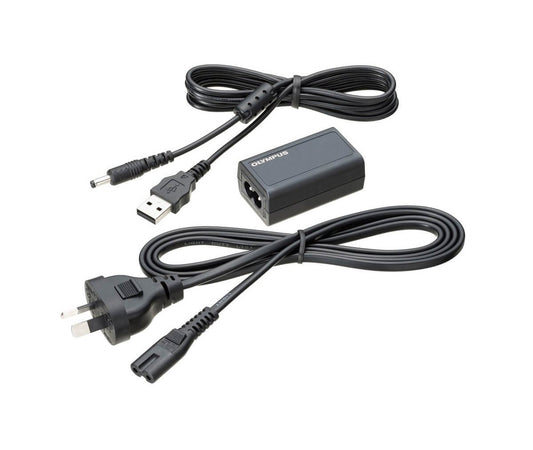 An Olympus AC adapter set including an IEC-C7 power cable, a 2-pin AC power plug, and a USB to DC 5V cable, primarily in black color.