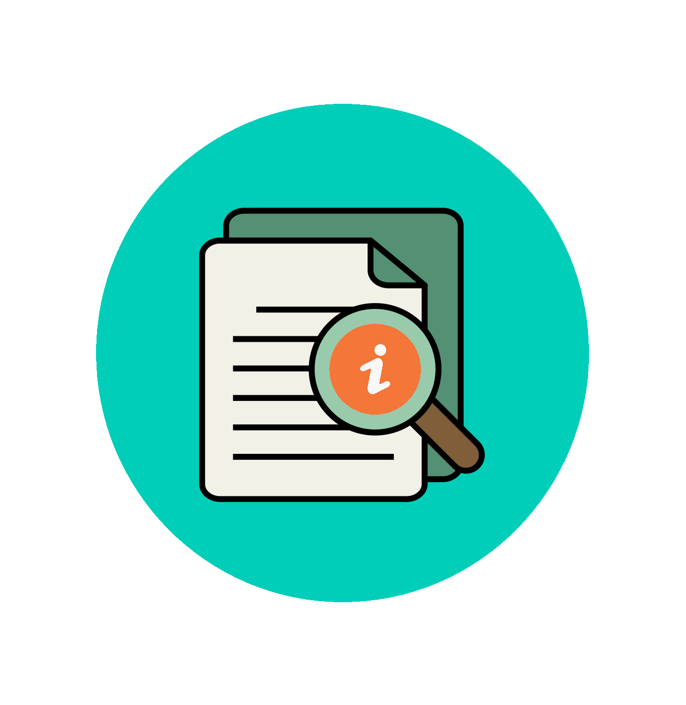 Icon of a document with a magnifying glass and information symbol on a teal background