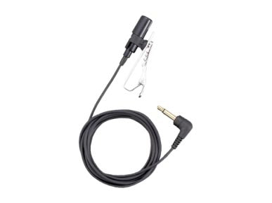 Olympus ME15 Tie Clip Microphone with a 3.5mm monaural mini-plug and a clip attached to the top, predominantly black in color.