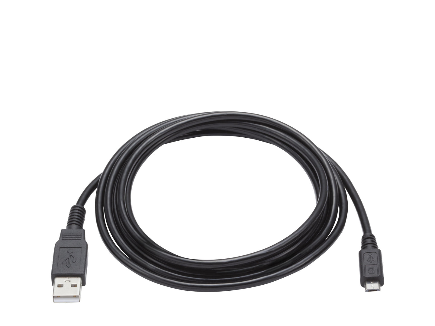 Black USB cable coiled on a white background