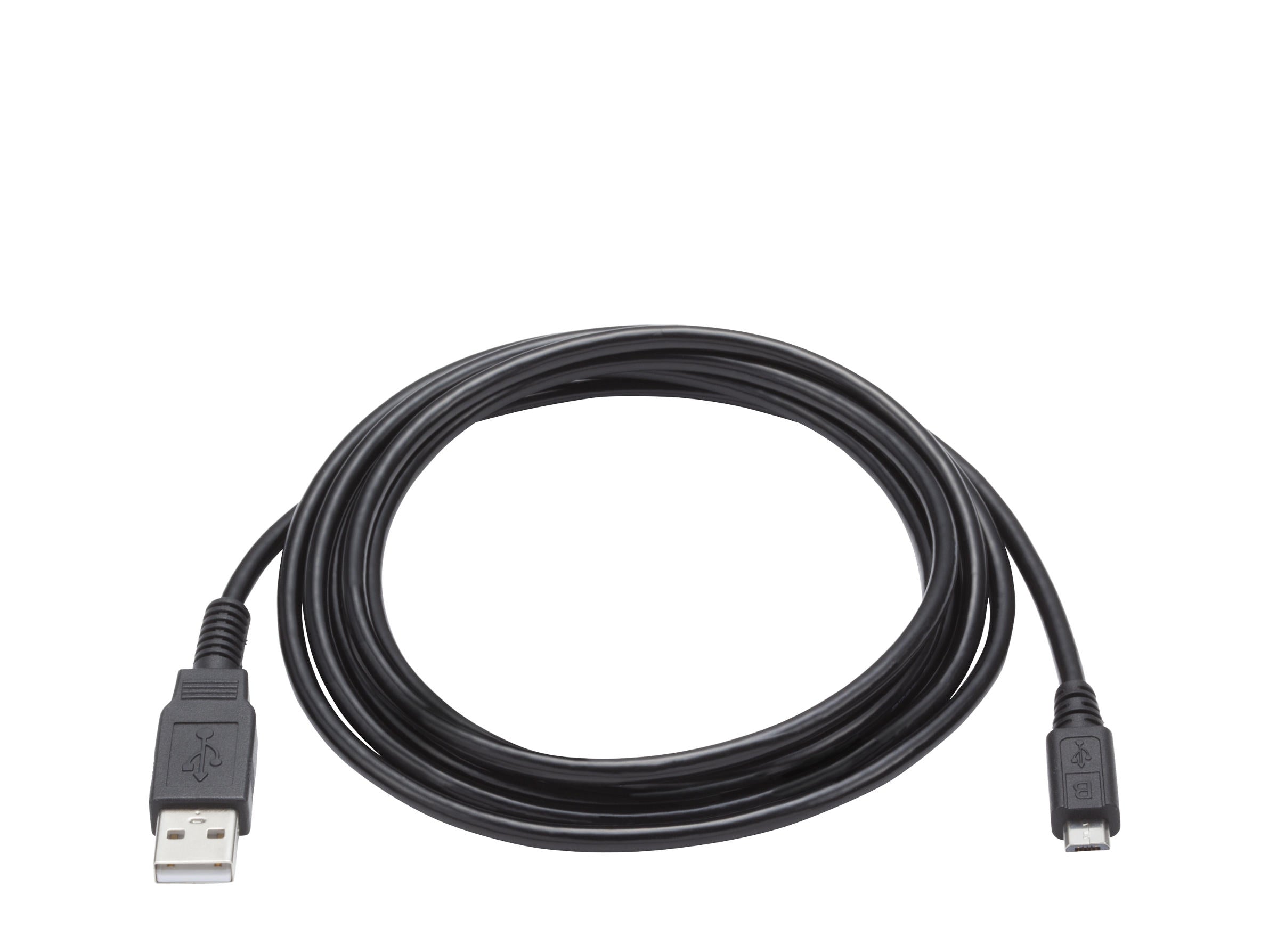 Black USB cable coiled on a white background