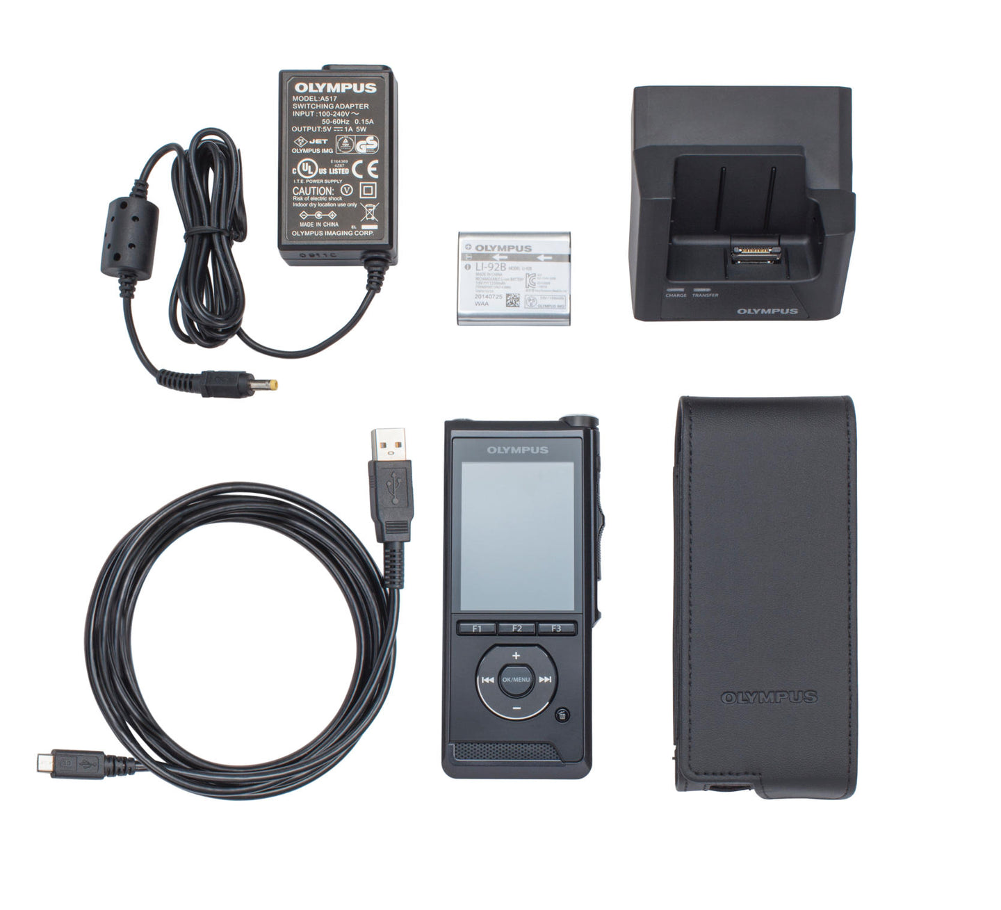 Olympus digital voice recorder with accessories on a white background