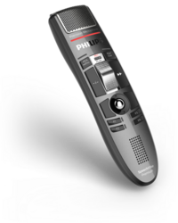 A Philips SpeechMike Pro Premium LFH3510 USB dictation microphone with a slide switch, in black color.