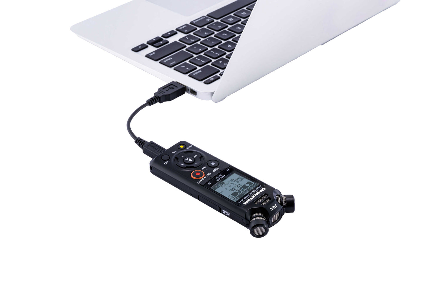OM System LS-P5 recorder connected by usb cable to laptop for download of files.