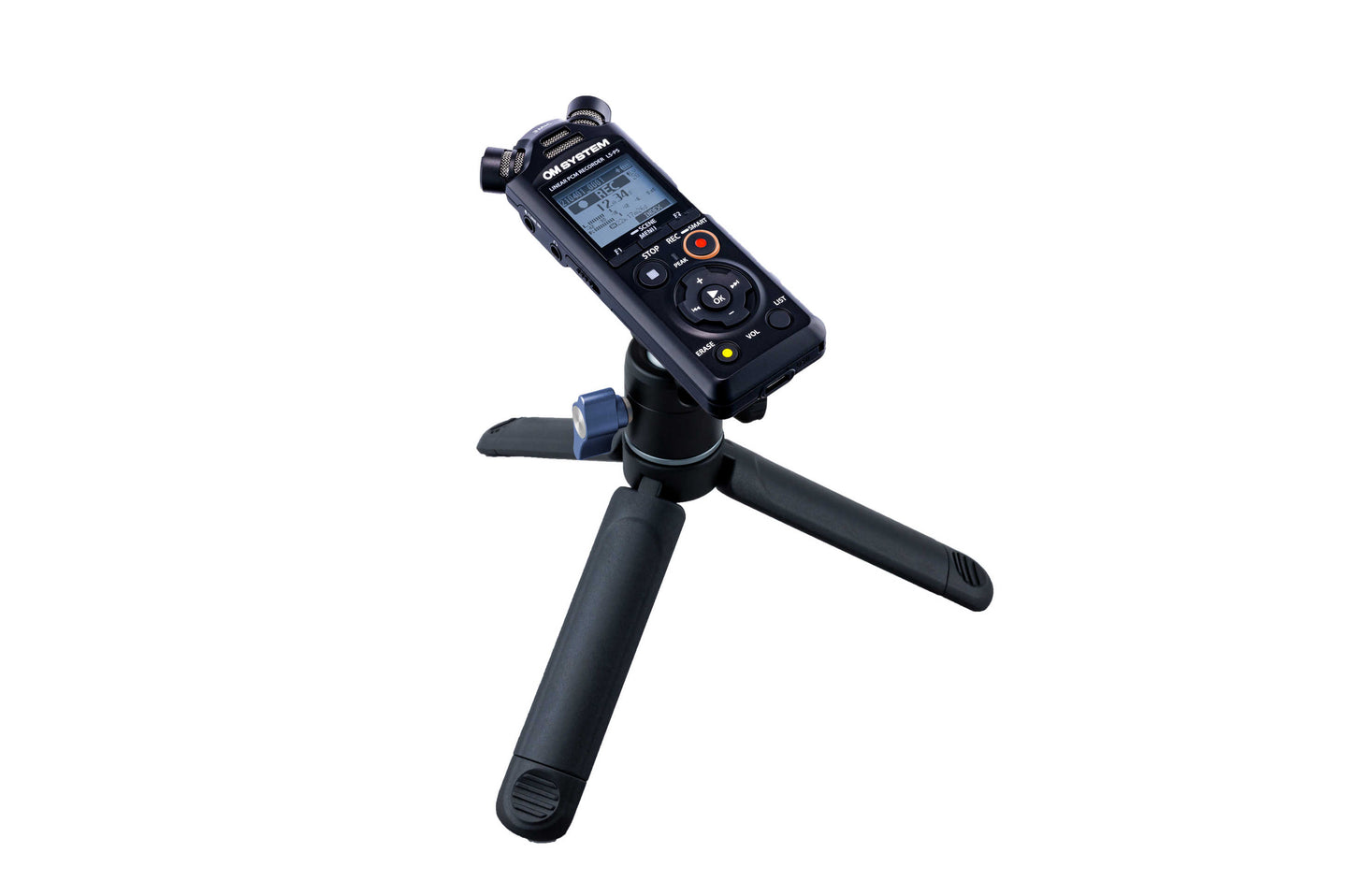 OM System LS-5 recorder sitting on a tripod