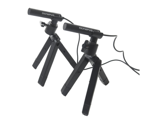 Olympus ME30W microphones on tripods with a white background