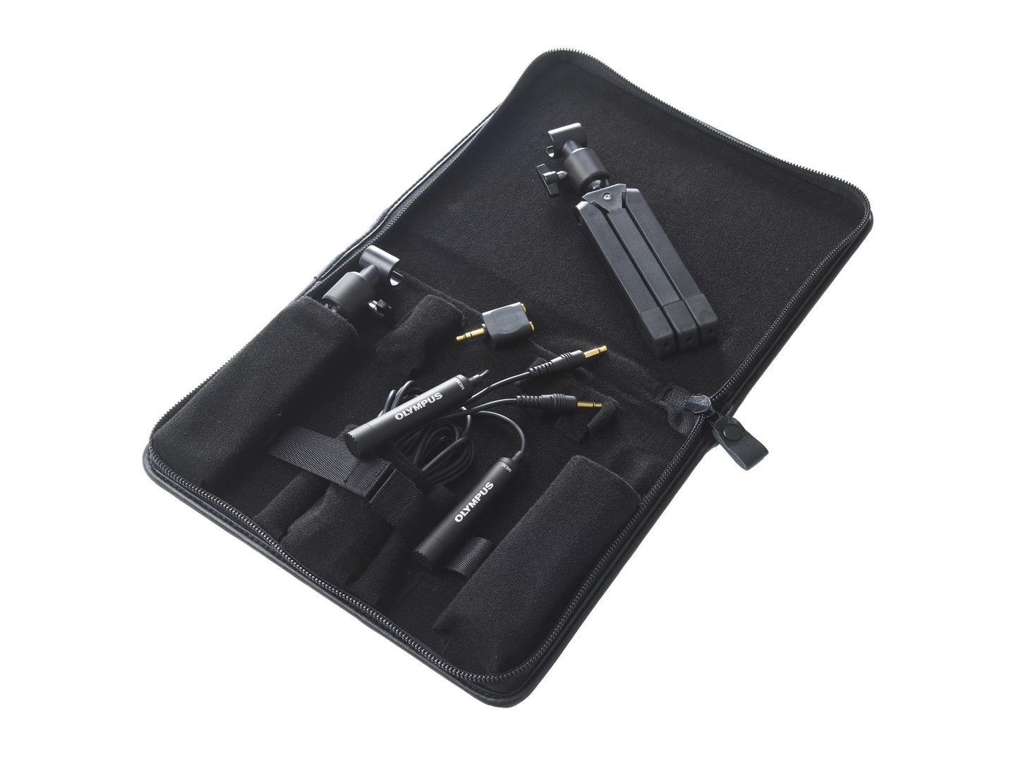 ME30W carry case with contents - microphones, tripods, cables and splitter