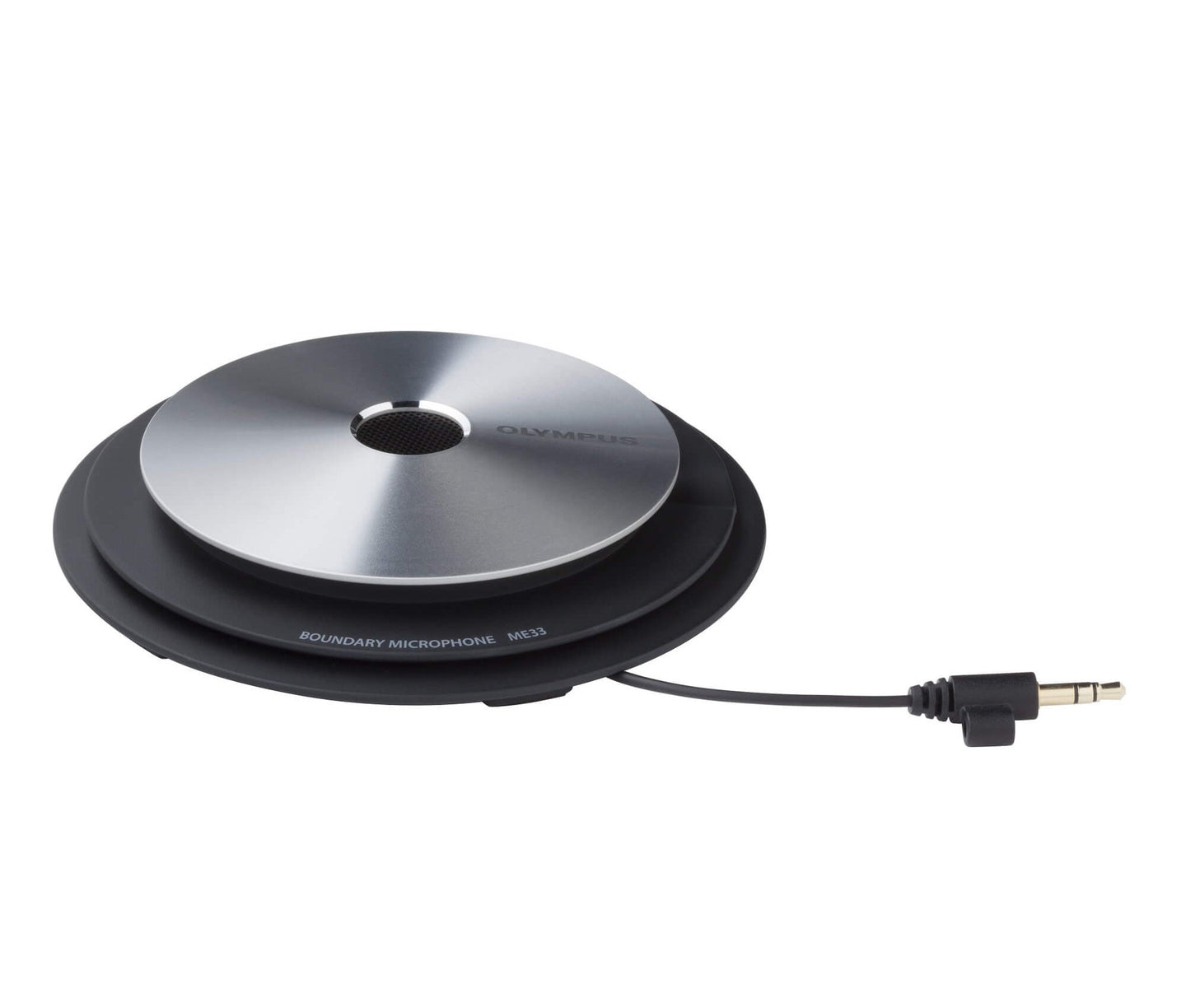 OM System ME33 Boundary Microphone, black in color, with a circular design and a connector cable.