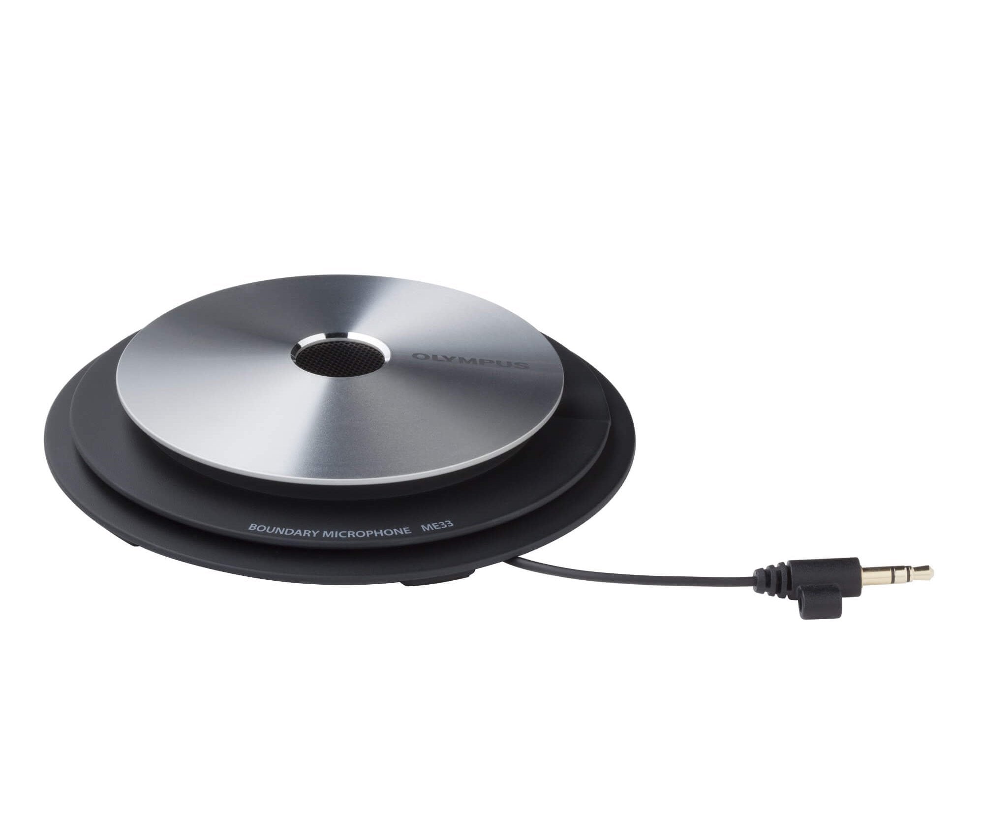 OM System ME33 Boundary Microphone, black in color, with a circular design and a connector cable.