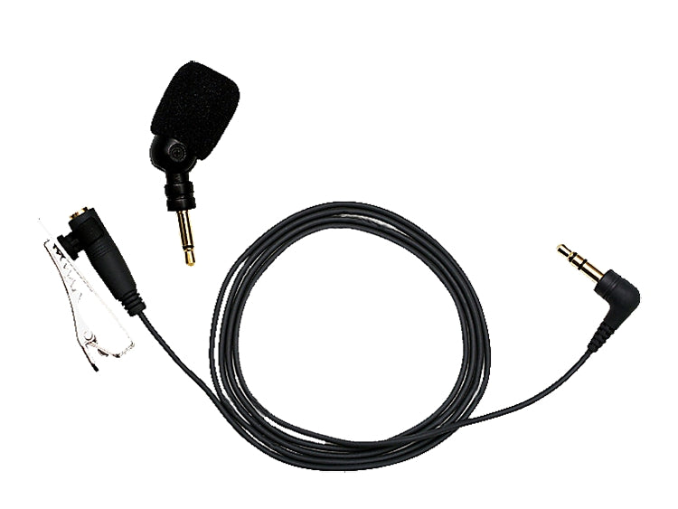 An Olympus ME52W Uni-Directional Noise-Cancelling Microphone with a black color scheme, including a windscreen cover, tie-clip, and extension cord.