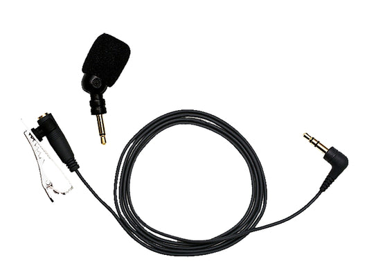 An Olympus ME52W Uni-Directional Noise-Cancelling Microphone with a black color scheme, including a windscreen cover, tie-clip, and extension cord.