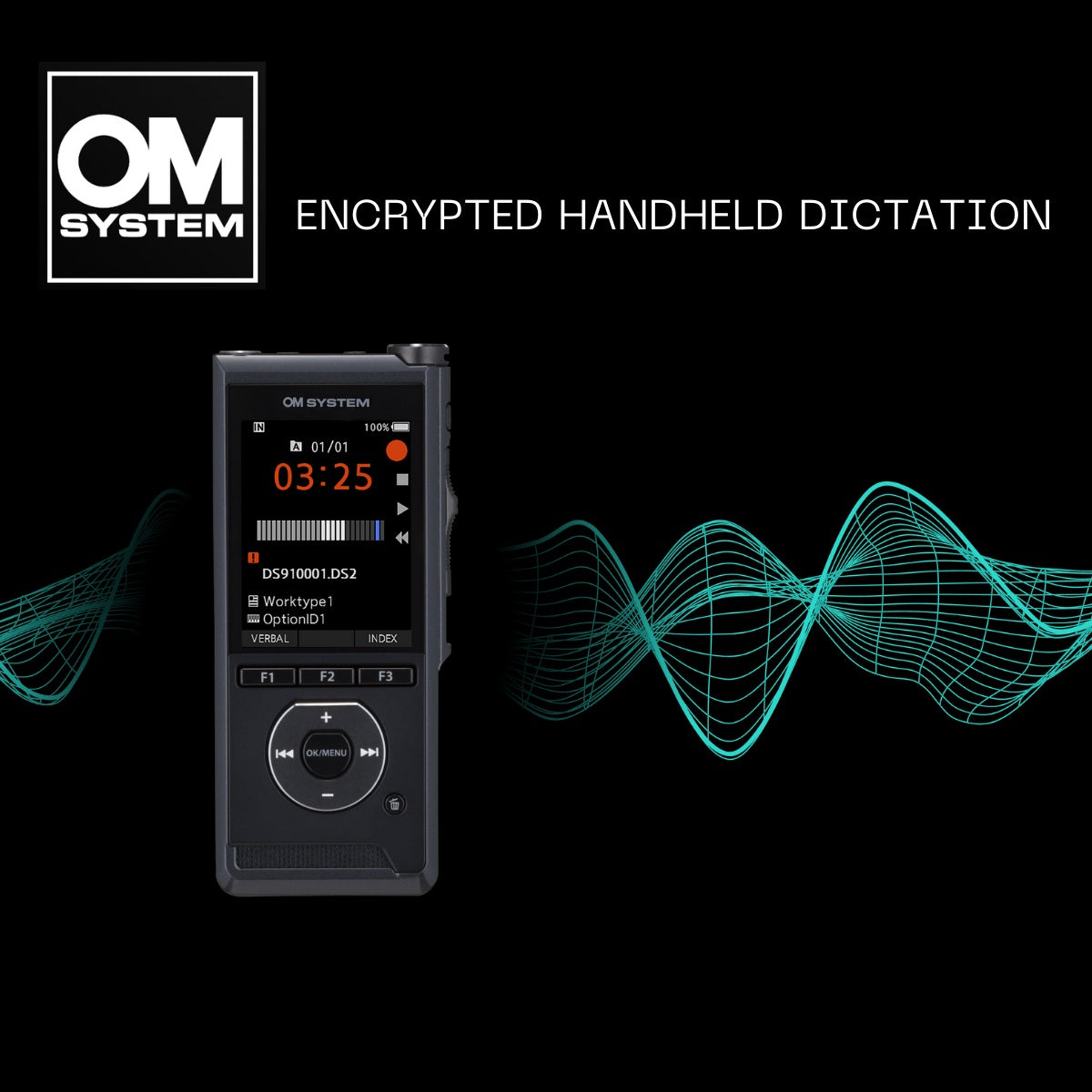 OM System encrypted handheld dictation device with ODMS Cloud logo (3D wave pattern) on a black background
