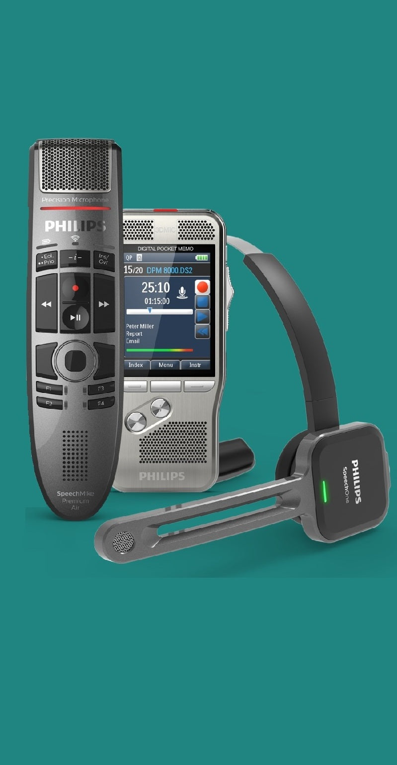 Philips dictaphone, speechmike and headset dictation microphone on a teal background