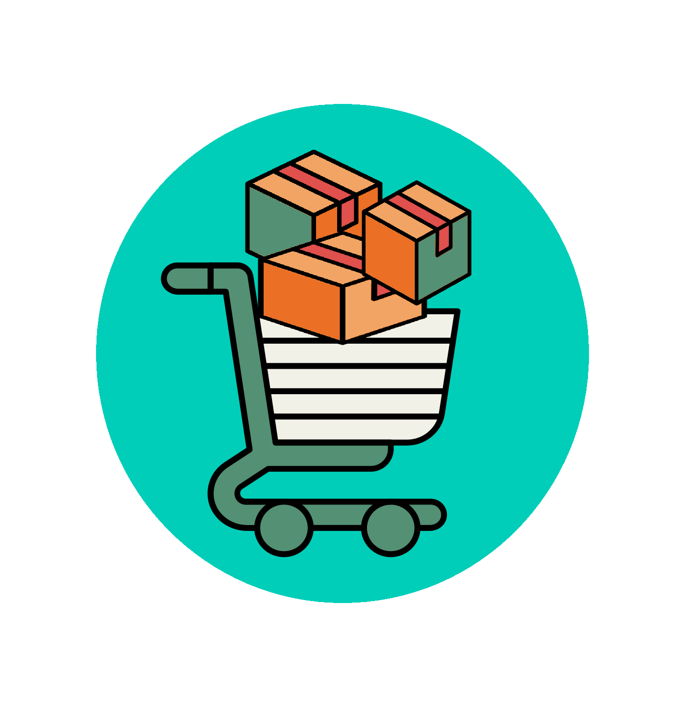 Shopping cart with boxes on a teal background