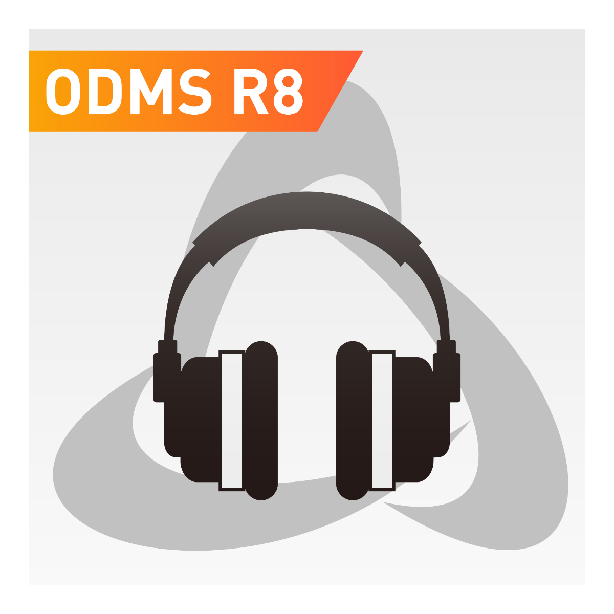 Icon or logo for ODMS R8 Transcription Module, featuring a pair of headphones against a grey background with the text 'ODMS R8' on an orange banner.
