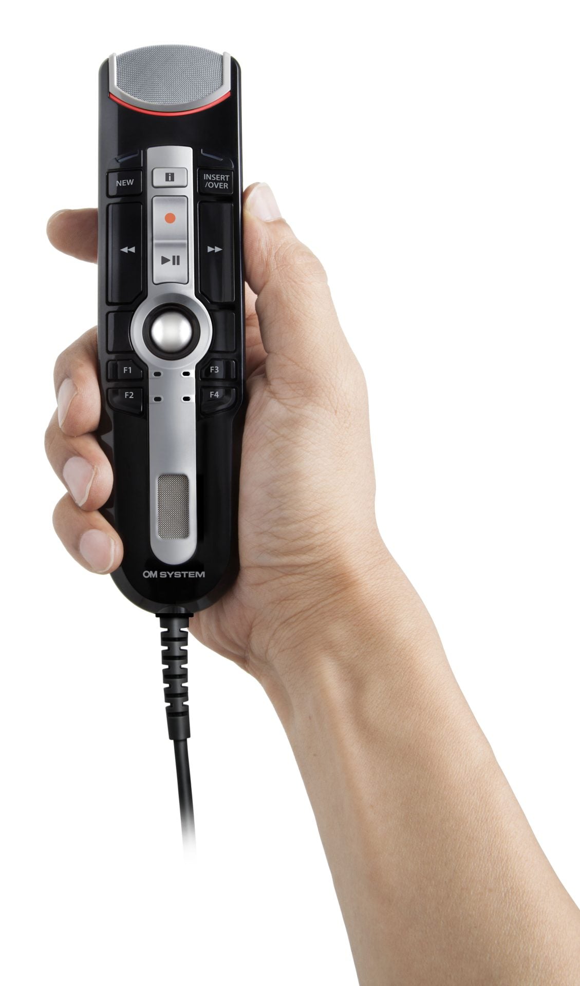 Hand holding RM4010P usb microphone, showing buttons and trackball