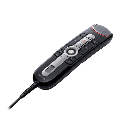 Olympus RecMic II RM-4010P, a professional USB microphone with push button and trackball functions, in black color.