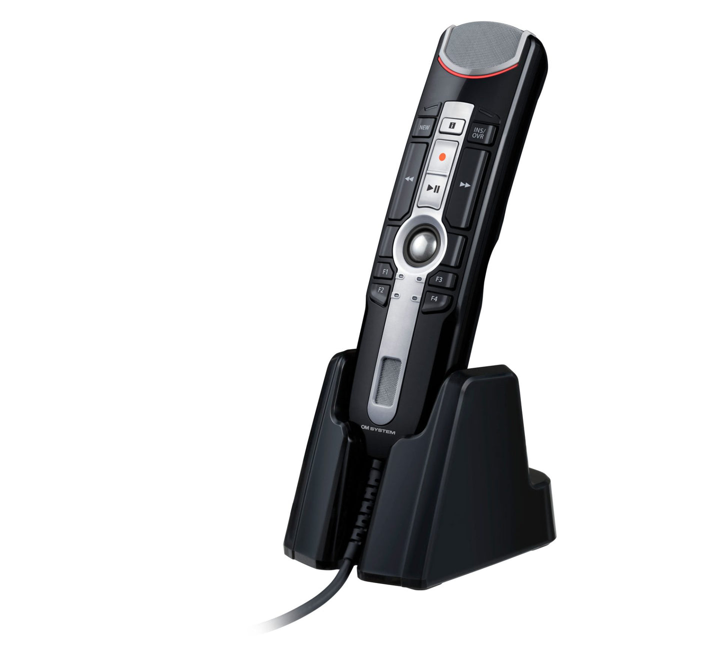 OM System RM4010P in docking station on white background