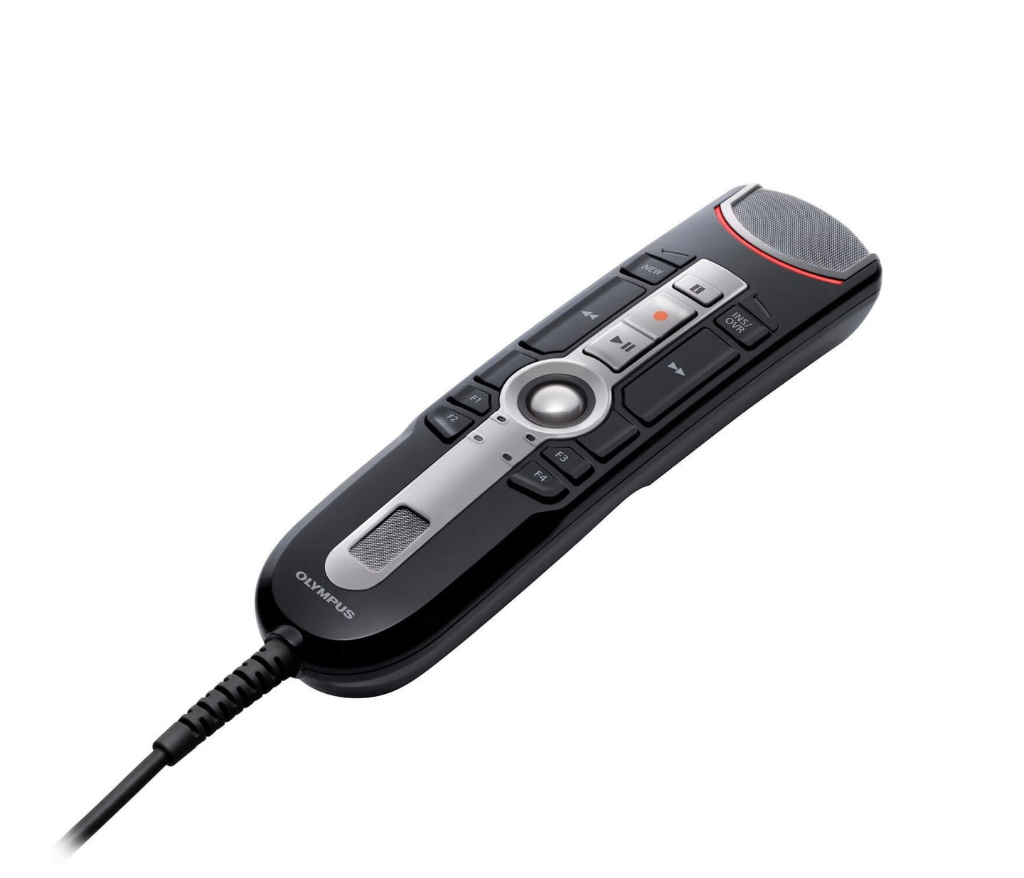 Olympus RecMic II RM-4015P USB microphone with a push button, trackball, and attached cable, predominantly black in color.