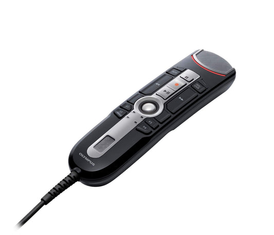 Olympus RecMic II RM-4015P USB microphone with a push button, trackball, and attached cable, predominantly black in color.