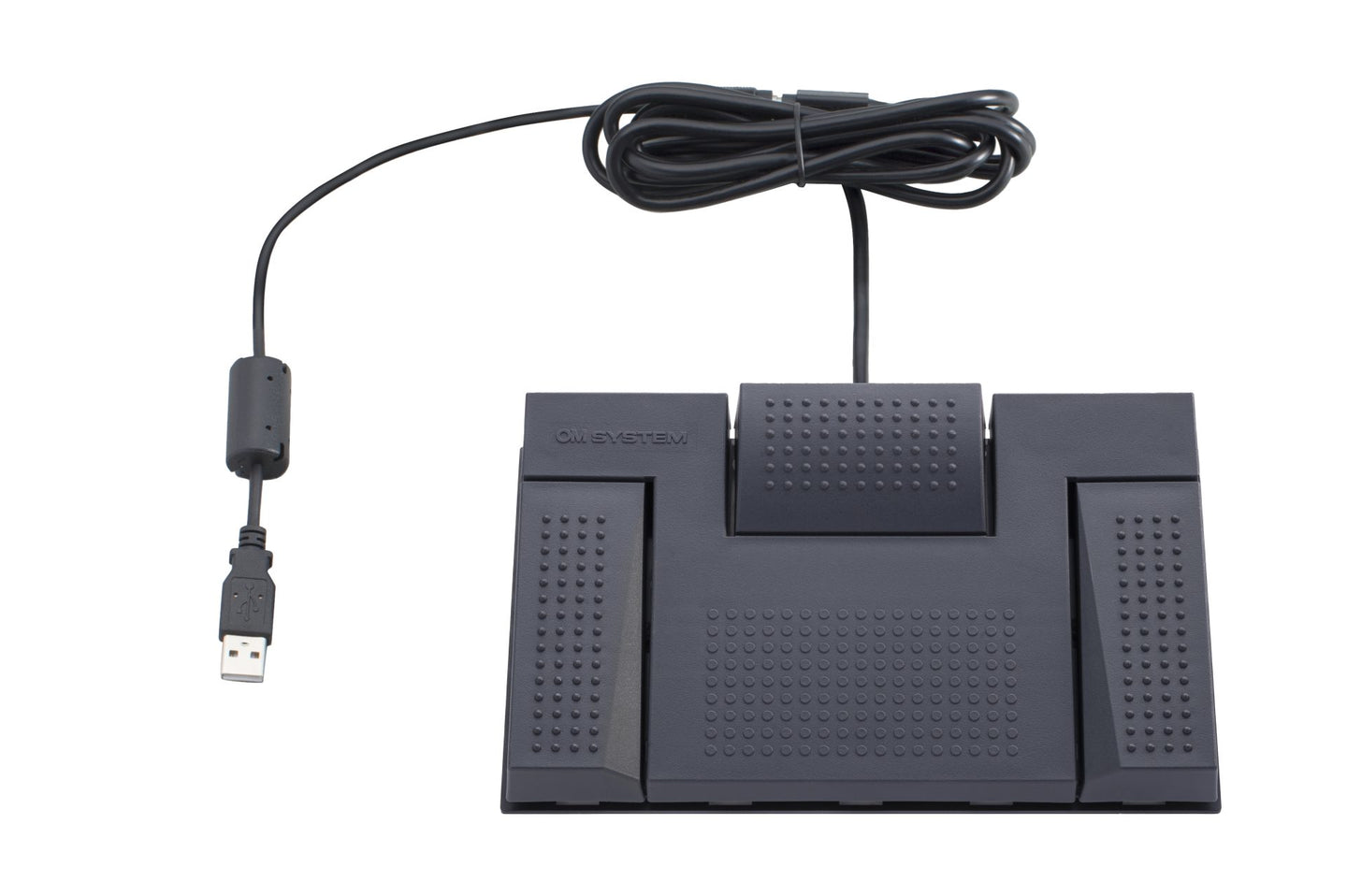 OM System RS-28N foot pedal with a USB cable, featuring three buttons for controlling transcription software.