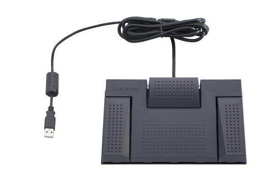 OM System RS-28N foot pedal with a USB cable, featuring three buttons for controlling transcription software.