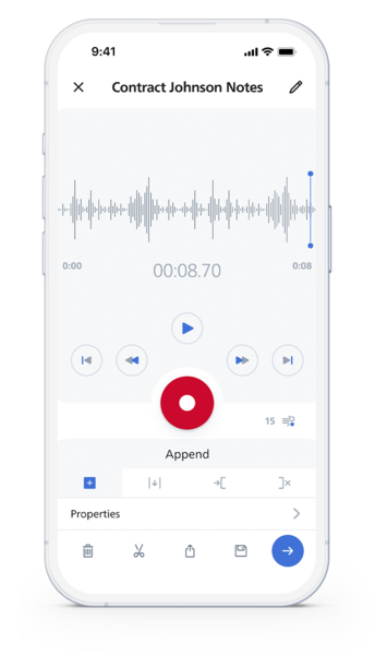 Smart phone screen of SpeechLive dictation app