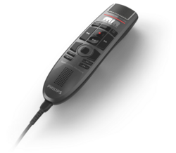A Philips SpeechMike Premium SMP3700 Touch Push Button microphone with a black color scheme, featuring a sleek design with integrated buttons and a gooseneck microphone.