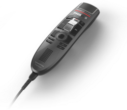 A Philips SpeechMike Premium Touch SMP3710 - Slide Switch, a handheld dictation microphone with a slide switch, buttons, and a built-in speaker.