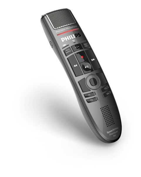 A Philips SpeechMike Premium Air SMP4000 push button dictation microphone with a gray body, buttons and a built-in noise reduction filter.